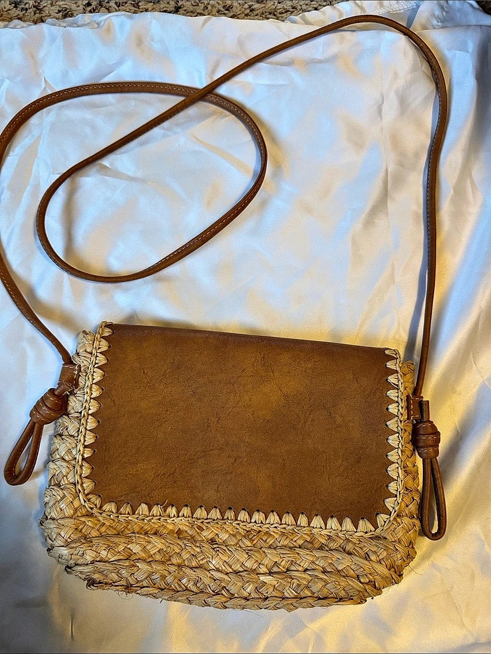 Universal Thread Straw and Faux Leather Flap Crossbody Bag in Brown & Tan